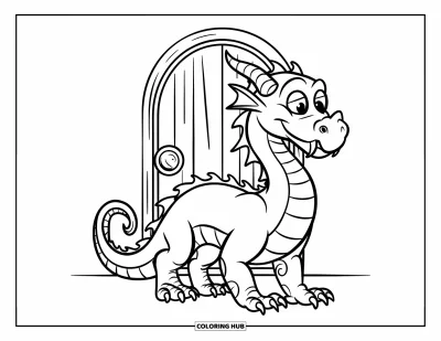 Dibujo de dragones para colorear para niños: Un dragón de cuerpo redondeado y cola larga observa una misteriosa puerta antigua con ojos muy abiertos