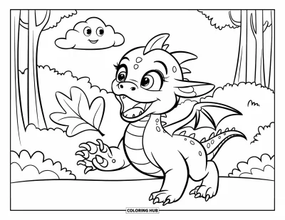 Dibujo de dragones para colorear para niños: Un dragón redondo con pequeñas púas sostiene un pequeño corazón, radiante de alegría