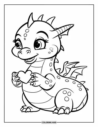 Dibujo de dragones para colorear para niños: Un dragón redondo con pequeñas púas vuela sobre un castillo, sosteniendo un corazón con sus garras