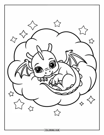 Dibujo de dragones para colorear para niños: Un dragón de cara redonda se acurruca en una nube esponjosa, con los ojos cerrados en un sueño tranquilo
