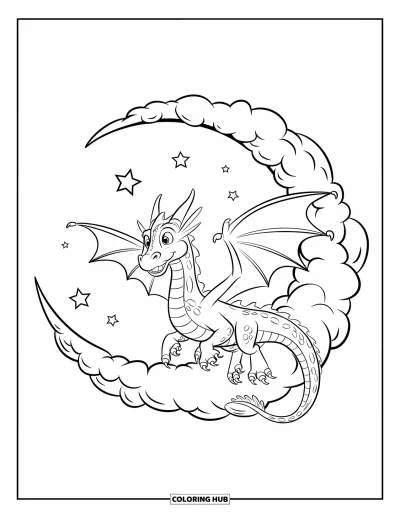Dibujo de dragones para colorear para niños: Un dragón escamoso se desliza por una luna creciente de nubes, con las alas extendidas