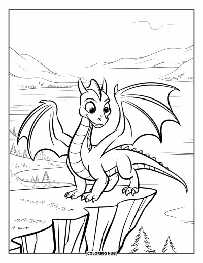 Dibujo de dragones para colorear para niños: Un dragón esbelto se posa en un acantilado, listo para alzar el vuelo sobre montañas lejanas