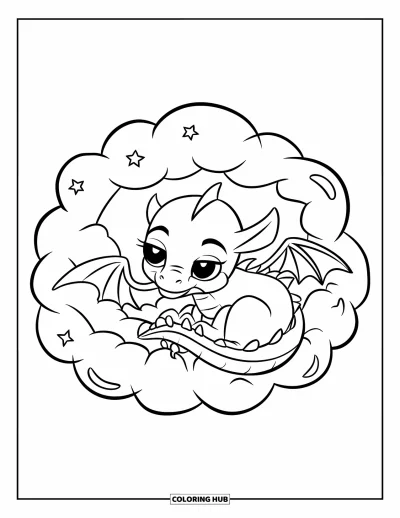 Dibujo de dragones para colorear para niños: Un dragón soñoliento se acurruca en una nube suave, con las alitas recogidas mientras sueña