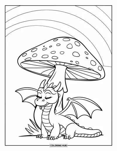 Dibujo de dragones para colorear para niños: Un dragón somnoliento descansa bajo una seta, disfrutando en paz de la brisa suave