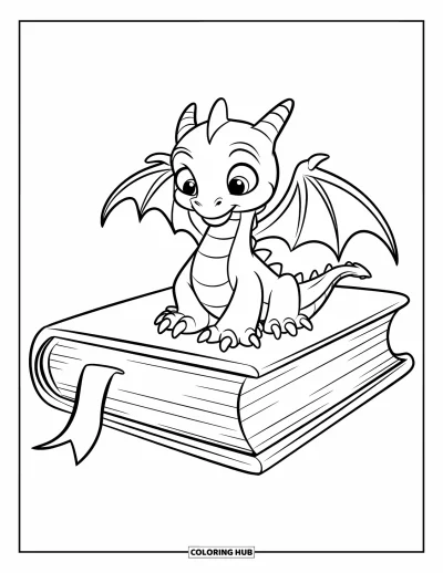 Dibujo de dragones para colorear para niños: Un pequeño dragón descansa sobre un libro abierto, asomándose con curiosidad a las páginas