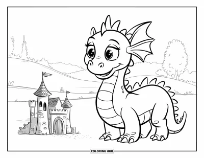 Dibujo de dragones para colorear para niños: Un dragón de patas cortas con corona está junto a un pequeño castillo de torres de piedra