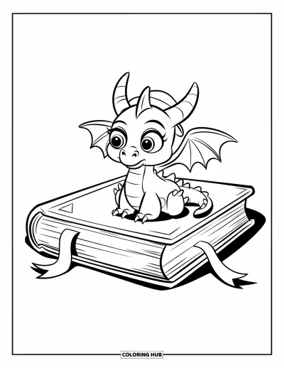 Dibujo de dragones para colorear para niños: Un diminuto dragón de dientes afilados se posa sobre un libro con letras grandes en la portada