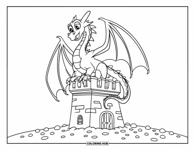 Dibujo de dragones para colorear para niños: Un dragón de ojos muy abiertos extiende sus alas mientras está sobre una torre con pequeñas ventanas