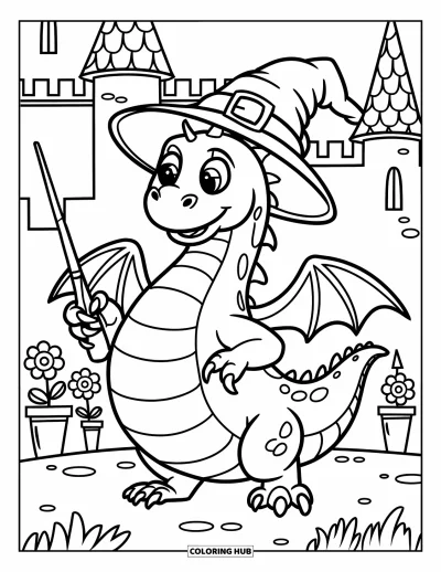 Dibujo de dragones para colorear para niños: Un dragón mago con sombrero y varita está cerca de un castillo, rodeado de flores