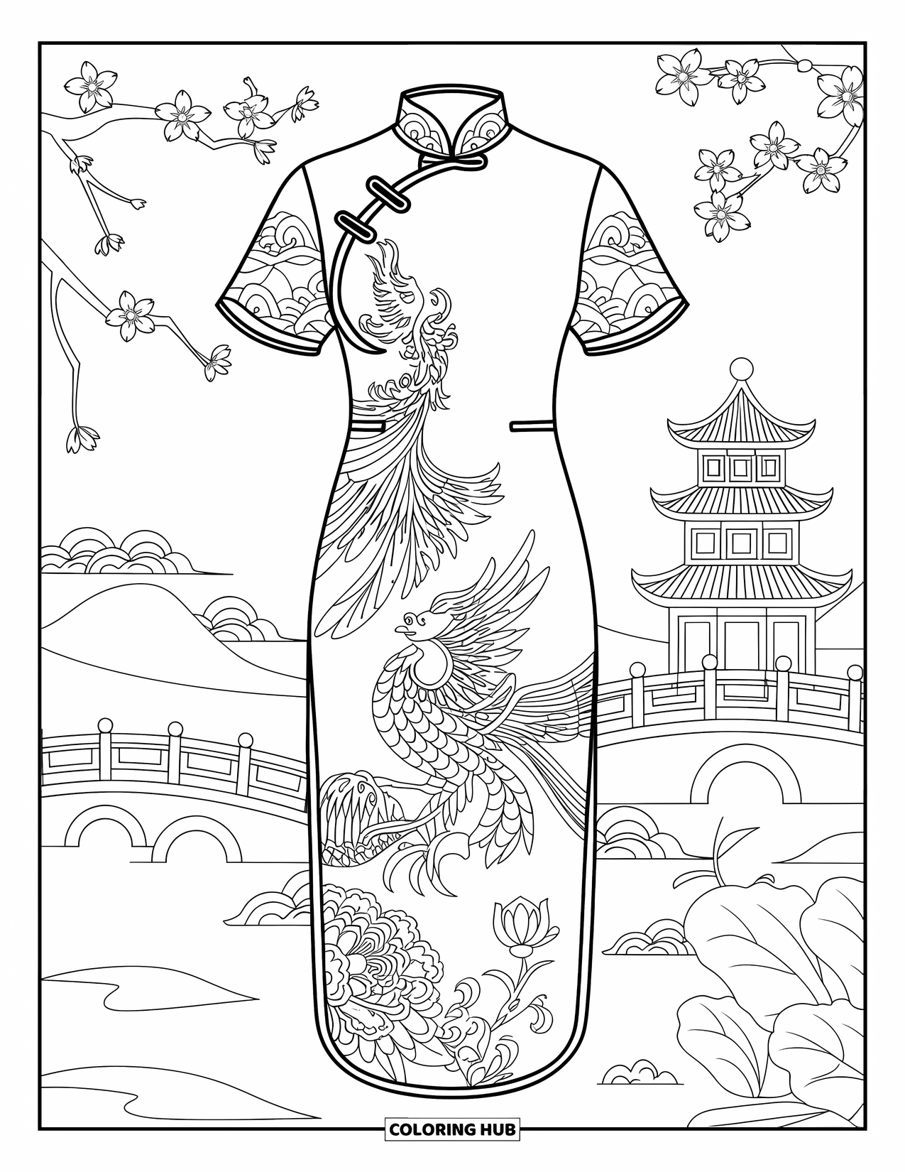 Dress Coloring Page for Adults: A Chinese Qipao with embroidery, set against a pagoda and cherry blossoms
