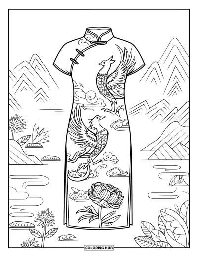 Coloriage de robe pour adultes : Un qipao chinois avec des broderies de phénix et de pivoines, un col montant et des boutons noués
