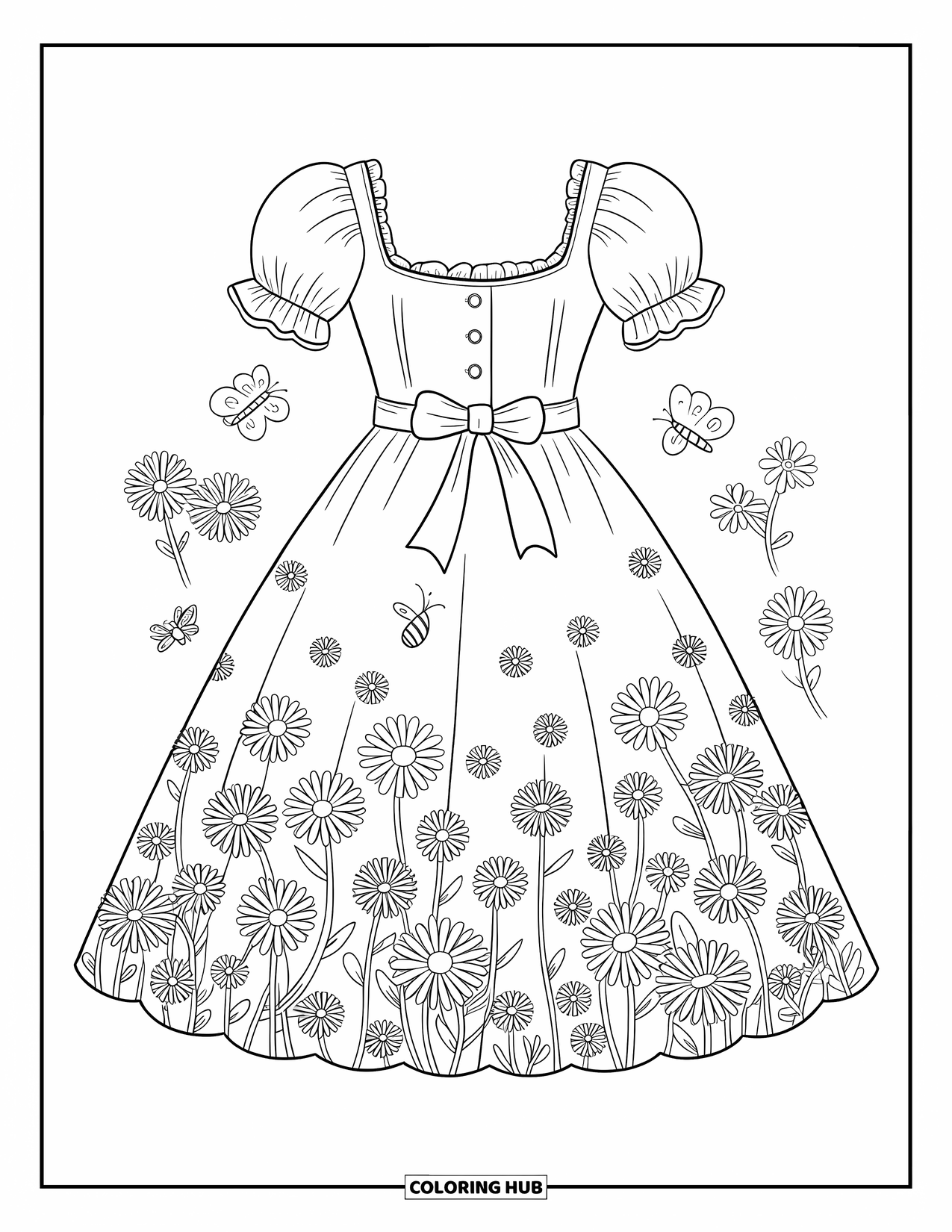 Dress Coloring Page for Adults: A daisy meadow sundress with ruffled sleeves, a bow-tied belt, and floral details