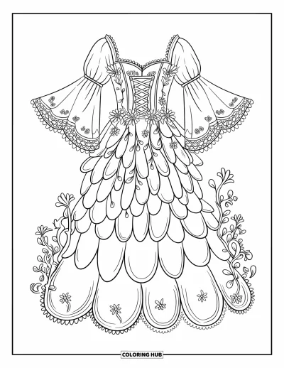 Coloriage de robe pour adultes : Une robe de fée délicate avec des pétales en cascade, des manches en dentelle et de minuscules détails de vigne