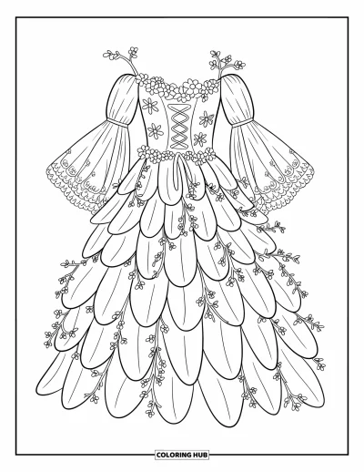 Coloriage de robe pour adultes : Une robe de fée avec des couches en forme de pétales, des broderies florales et des manches cloche transparentes