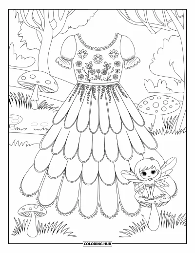 Coloriage de robe pour adultes : Une robe de jardin de fées avec des broderies florales, des manches transparentes et une petite fée sur un champignon