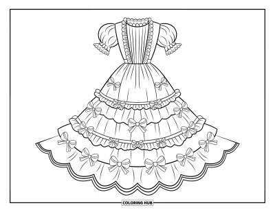 Coloriage de robe pour adultes : Une robe à rubans fluide avec un col en dentelle, des manches bouffantes et une taille nouée par un nœud