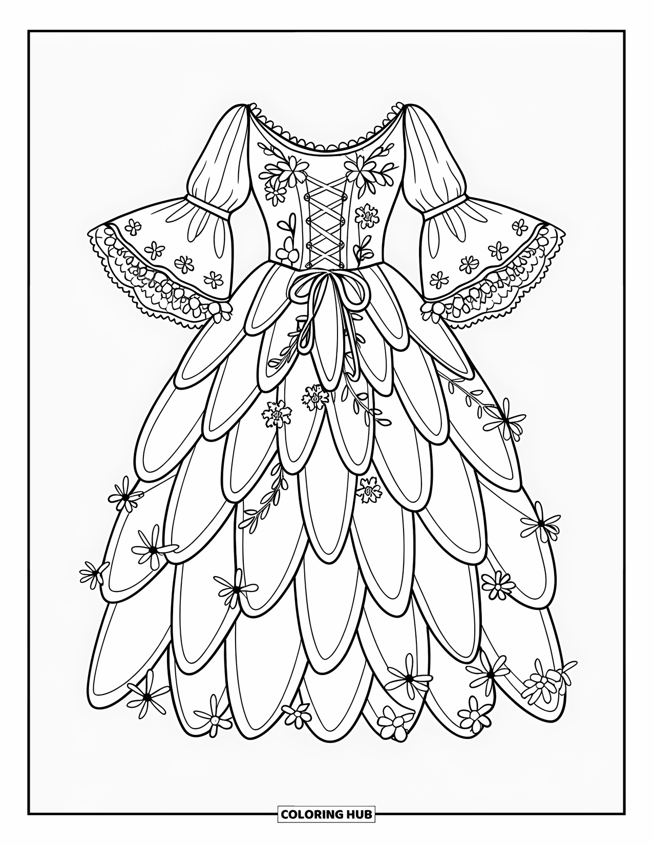 Dress Coloring Page for Adults: A garden fairy dress with an A-line shape, corset lacing, and fluttering sleeves