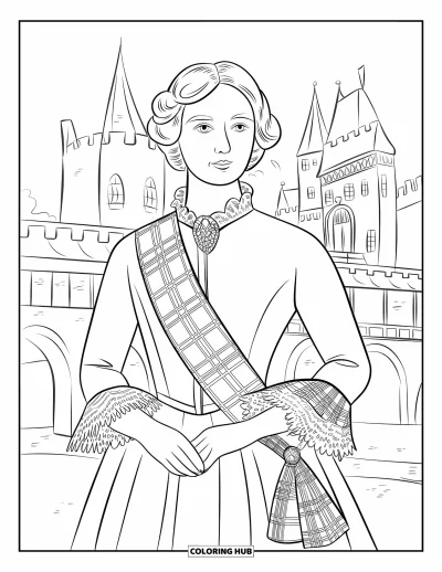 Coloriage de robe pour adultes : Une robe des Highlands avec une écharpe en tartan, des poignets en dentelle et un château en arrière-plan