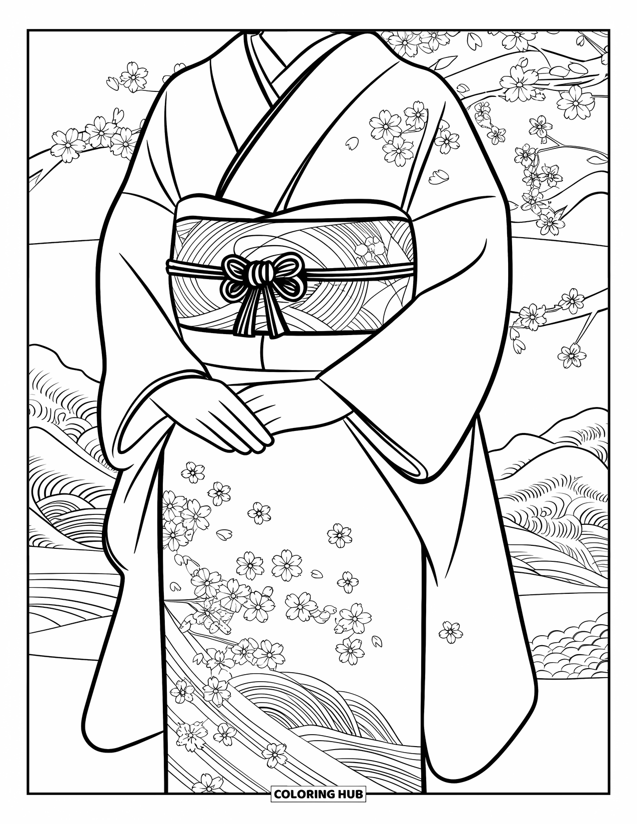 Dress Coloring Page for Adults: A Japanese kimono with a decorative obi, worn by a person surrounded by cherry blossoms