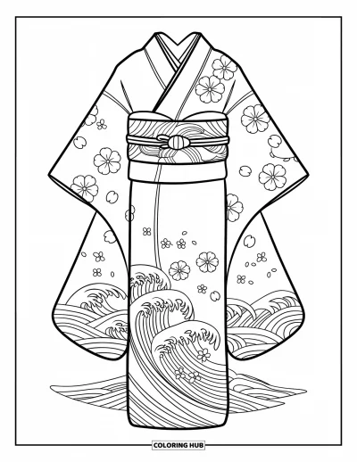 Coloriage de robe pour adultes : Un kimono japonais avec des motifs de fleurs de cerisier, une large ceinture obi et des motifs de vagues