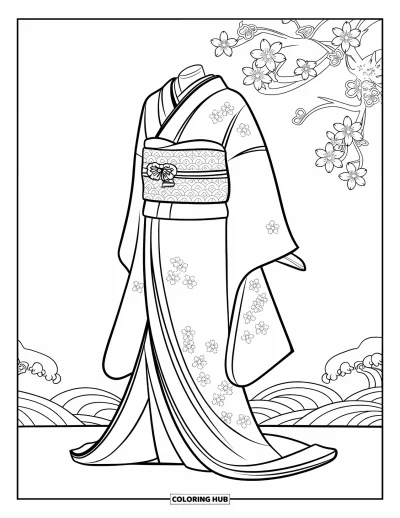 Coloriage de robe pour adultes : Un kimono japonais avec des fleurs de cerisier et des motifs de vagues, exposé sur un mannequin