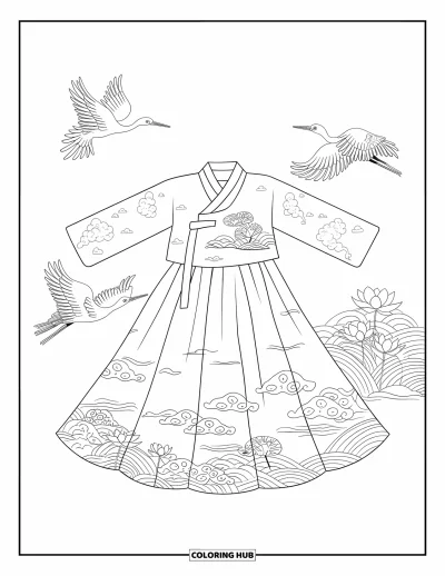 Coloriage de robe pour adultes : Un hanbok coréen avec un jeogori et un chima brodés, avec des grues et des fleurs de lotus