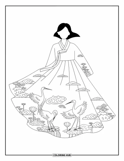 Coloriage de robe pour adultes : Un hanbok coréen avec des broderies florales, porté par une femme sur fond blanc