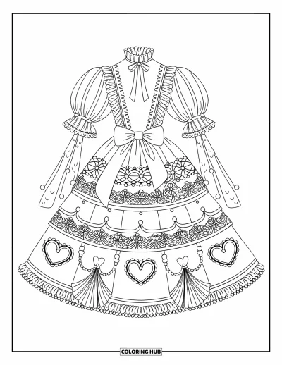 Coloriage de robe pour adultes : Une robe en dentelle avec une jupe multicouche, des rubans délicats et de minuscules embellissements