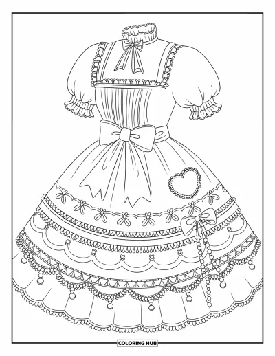 Coloriage de robe pour adultes : Une robe Lolita avec des garnitures en dentelle, un nœud de taille géant et des broderies en forme de cœur