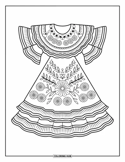 Coloriage de robe pour adultes : Une robe folklorique mexicaine avec des fleurs brodées et des volants superposés