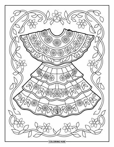 Coloriage de robe pour adultes : Une robe folklorique mexicaine avec des broderies florales, entourée de vignes et de motifs