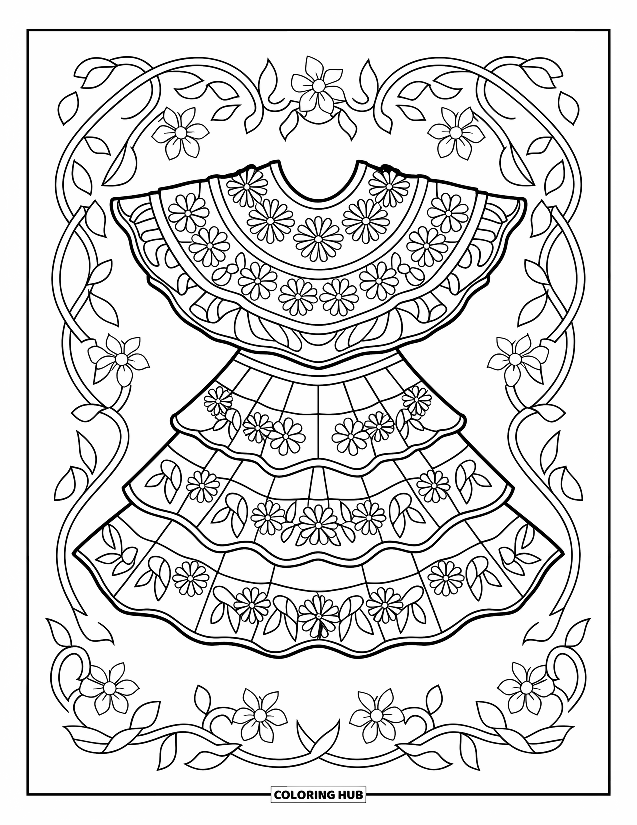 Dress Coloring Page for Adults: A Mexican folkloric dress with floral embroidery, surrounded by vines and patterns