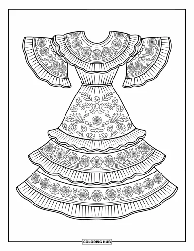Coloriage de robe pour adultes : Une robe folklorique mexicaine avec des volants, des broderies florales et des manches larges