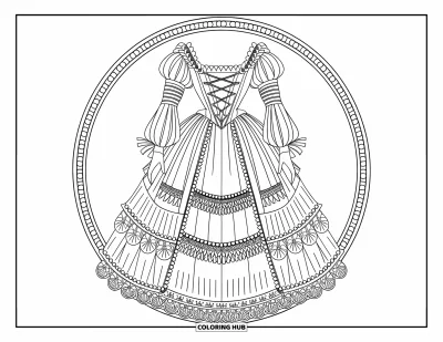 Coloriage de robe pour adultes : Une robe Renaissance avec un corset, des broderies, des couches de dentelle et des embellissements de perles