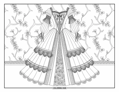 Coloriage de robe pour adultes : Une robe Renaissance avec des perles, de la dentelle et une toile de fond murale à motifs floraux