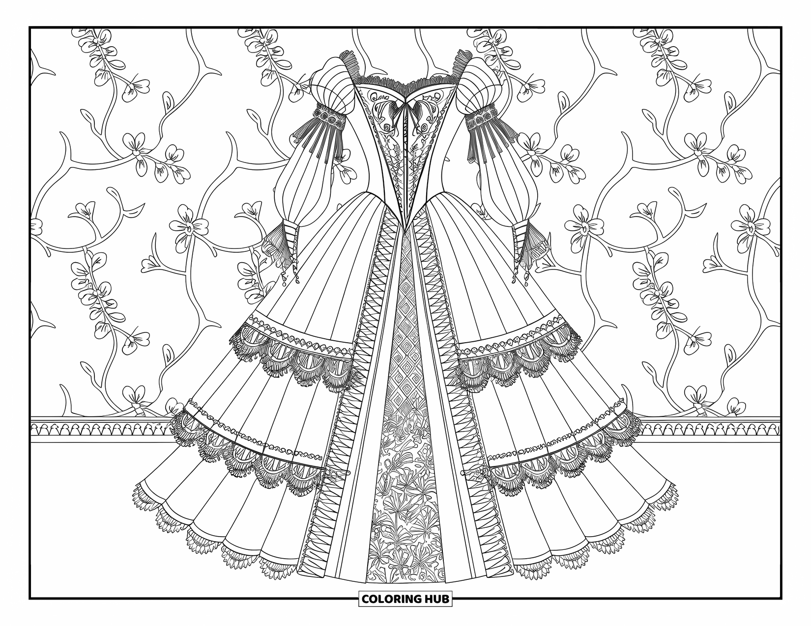 Dress Coloring Page for Adults: A Renaissance gown with pearls, lace, and a floral-patterned wall backdrop