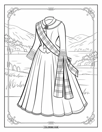 Coloriage de robe pour adultes : Une robe écossaise des Highlands avec une écharpe en tartan, des poignets en dentelle et une broche