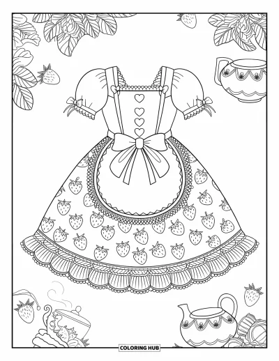 Coloriage de robe pour adultes : Une robe sur le thème de la fraise avec des volants en dentelle, des boutons en forme de cœur et une surjupe de style tablier