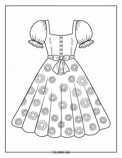 Coloriage de robe pour adultes : Une robe d'été avec une jupe à motifs de marguerites, un décolleté carré et des manches bouffantes