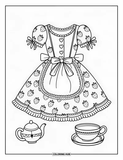 Coloriage de robe pour adultes : Une robe vintage avec des motifs de fraises, des bordures en dentelle et une théière miniature à proximité