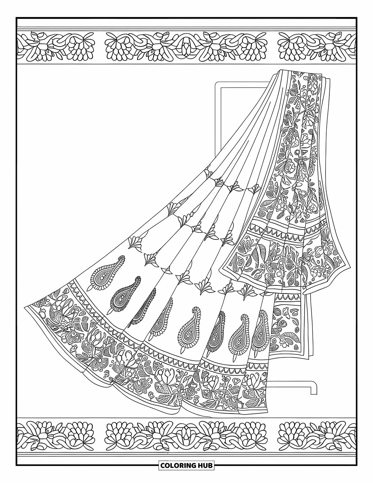 Dress Coloring Page for Adults: An Indian saree with floral embroidery, pleated draping, and traditional patterns