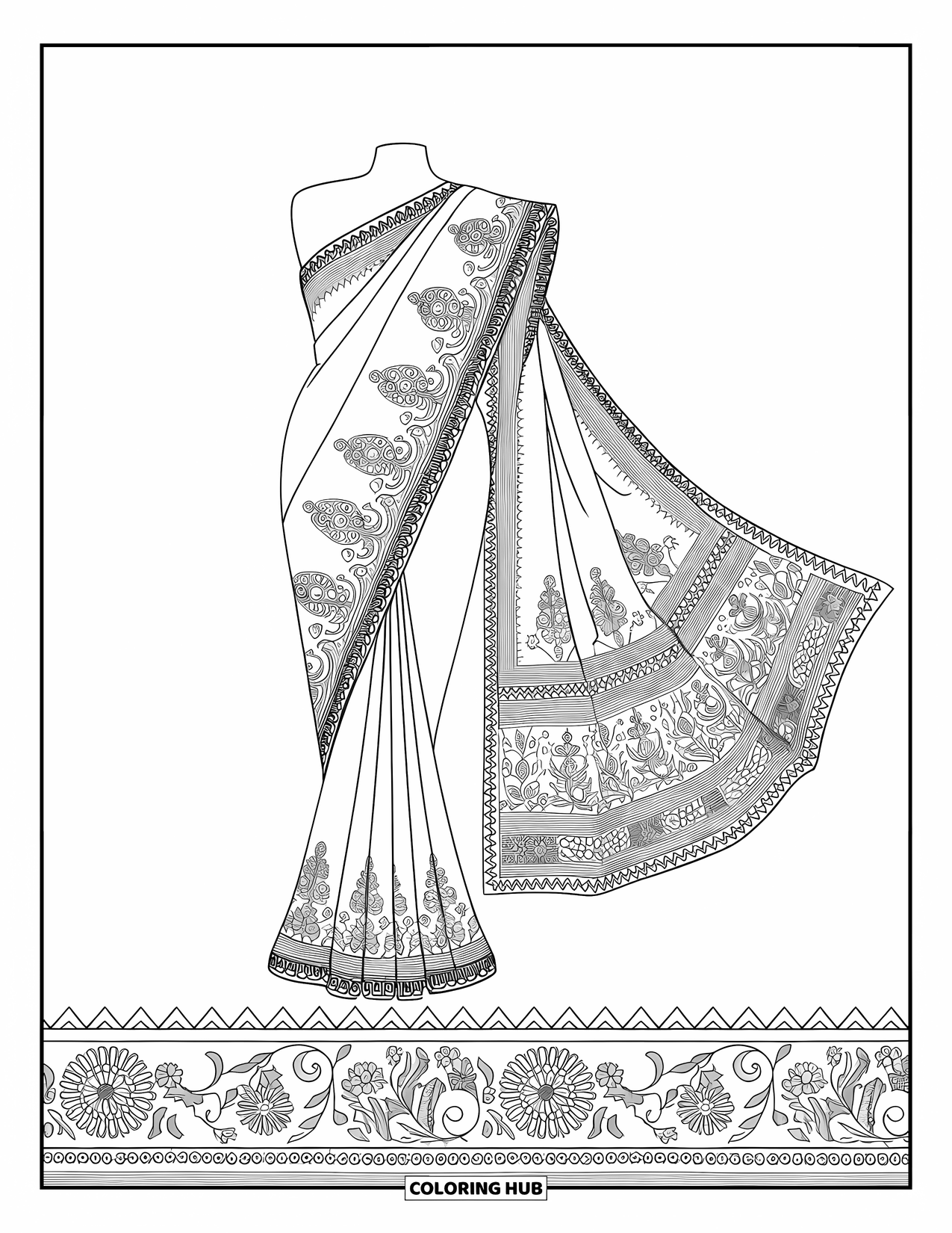 Dress Coloring Page for Adults: An Indian saree with paisley embroidery, pleated details, and an ornate border
