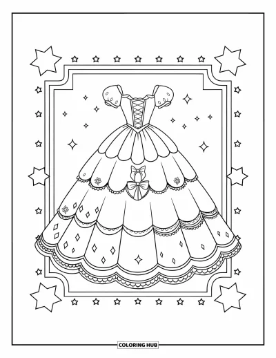 Coloriage de robes pour enfants : Une robe de bal avec un laçage dans le dos et des motifs délicats, placée dans un cadre décoratif