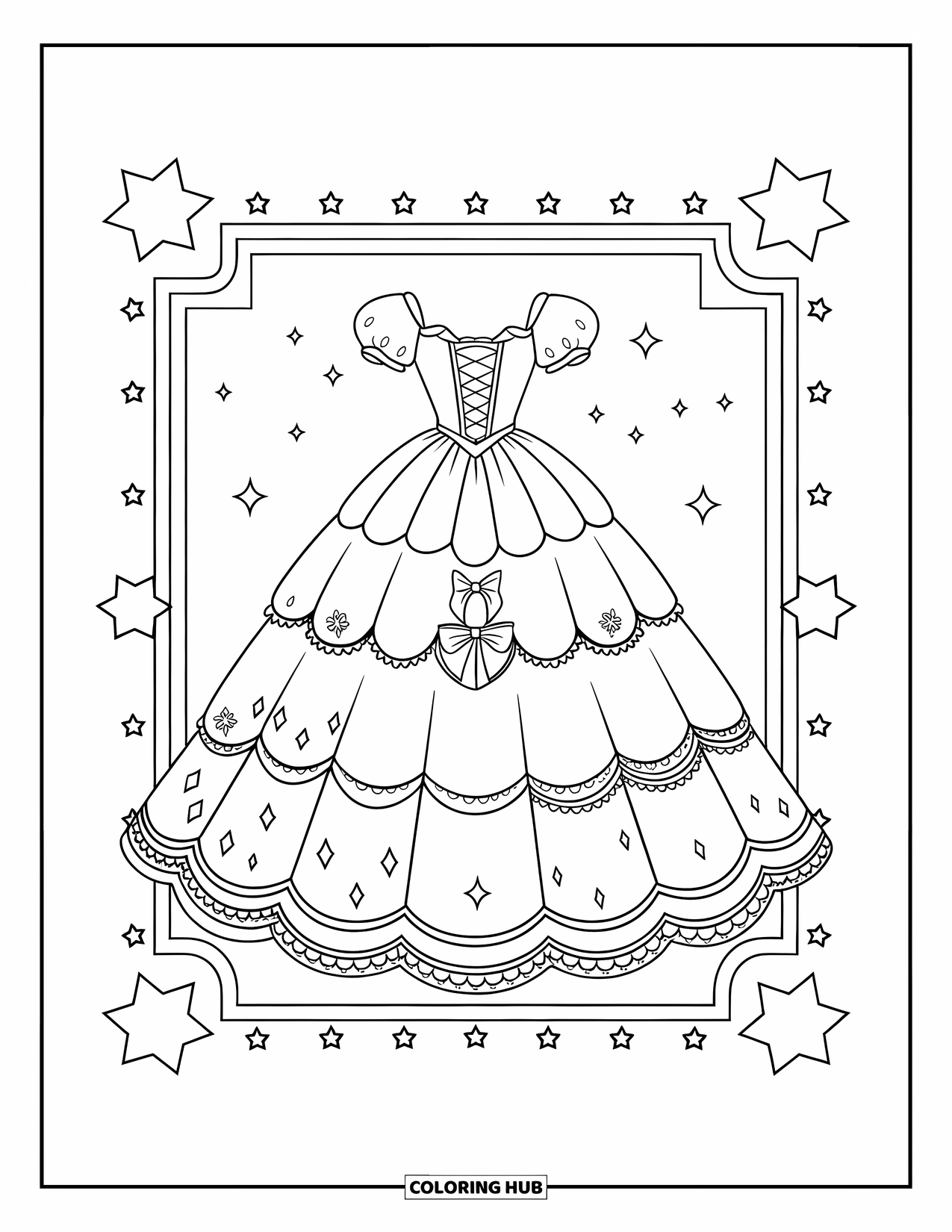 Dress Coloring Page for Kids: A ball gown with a lace-up back and delicate patterns, placed inside a decorative frame