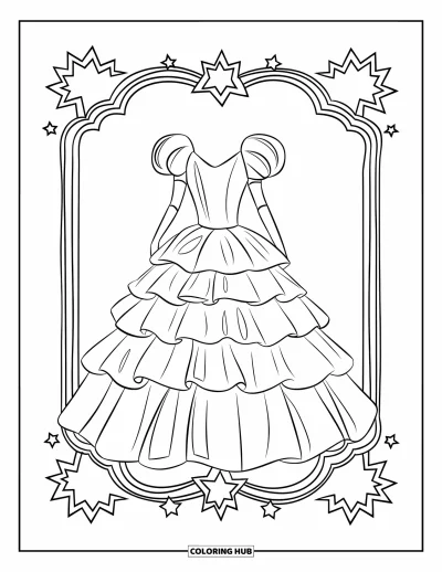 Coloriage de robe pour enfants : Une robe de bal avec un fond étoilé, encadrée avec des détails élégants pour une touche royale