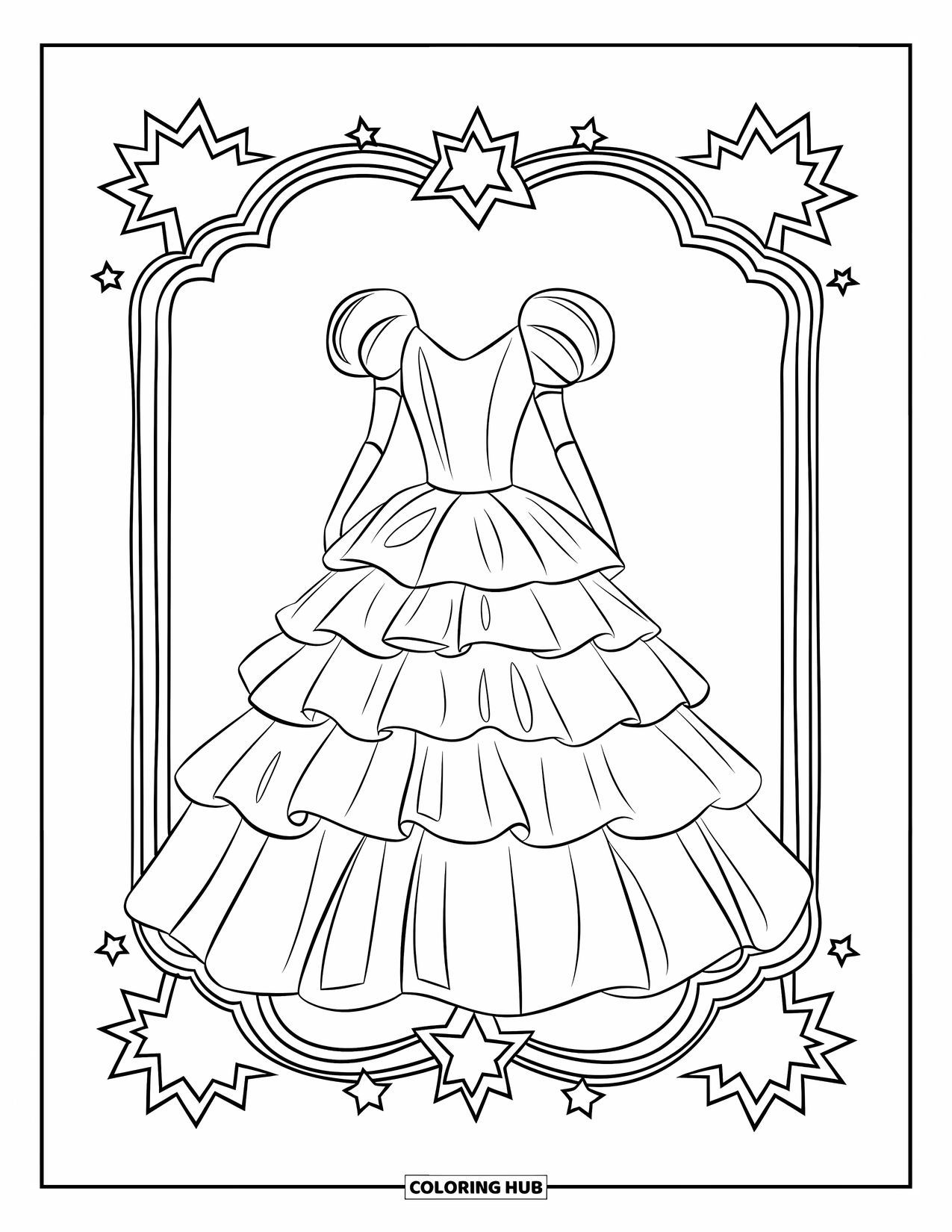 Dress Coloring Page for Kids: A ball gown with a starry background, framed with elegant details for a royal touch