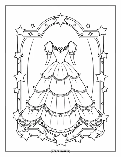 Coloriage de robe pour enfants : Une robe de bal avec de la dentelle, des perles et des manches bouffantes, présentée dans un cadre étoilé doré