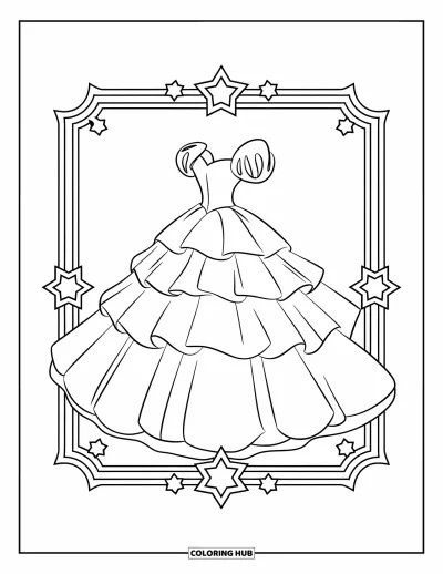 Coloriage de robe pour enfants : Une robe de bal avec des manches bouffantes, une jupe à plusieurs niveaux et un cadre décoré d'étoiles
