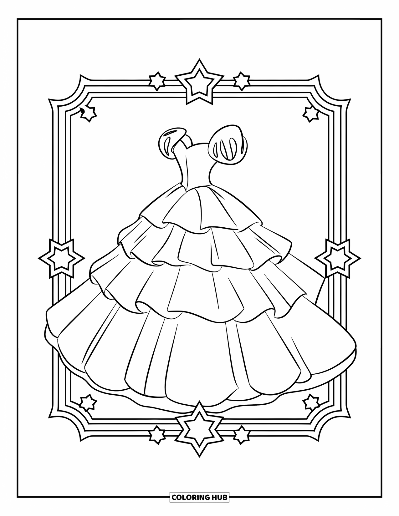 Dress Coloring Page for Kids: A ball gown with puffed sleeves, a tiered skirt, and a frame decorated with stars
