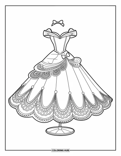 Coloriage de robe pour enfants : Une robe de bal avec des détails en dentelle et des motifs tourbillonnants, conçue pour le coloriage